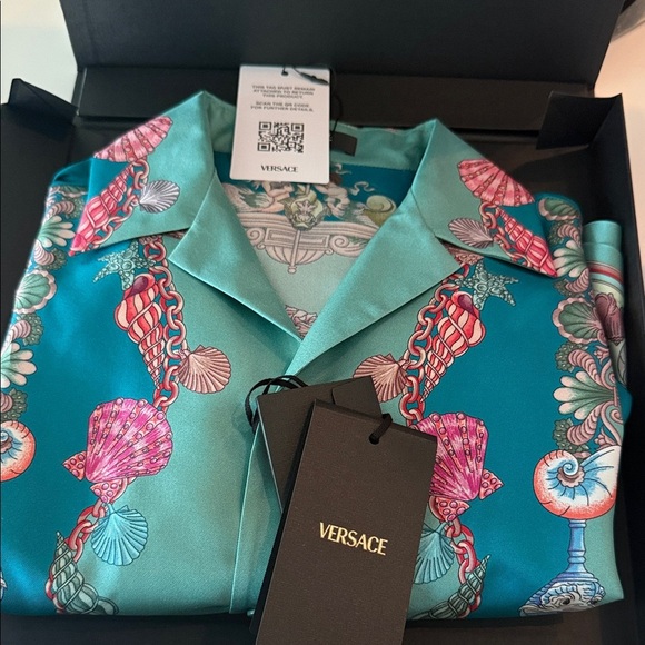 Versace Men's Teal and Pink Baroque Print Shirt - Picture 8 of 11